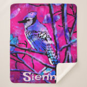 Blue Jay Bird Tree Branch Pink Personalized Sherpa Deken (Voorkant)