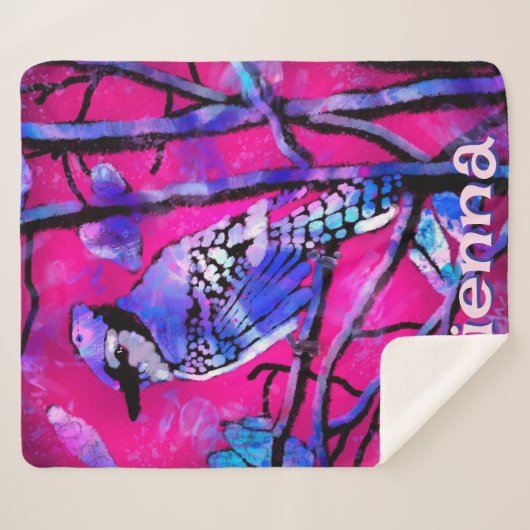 Blue Jay Bird Tree Branch Pink Personalized Sherpa Deken (Voorkant (horizontaal))
