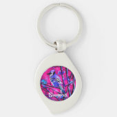 Blue Jay Bird Tree Branch Pink Personalized  Sleutelhanger (Voorkant)