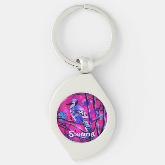 Blue Jay Bird Tree Branch Pink Personalized  Sleutelhanger (Voorkant)