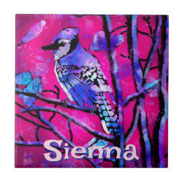 Blue Jay Bird Tree Branch Pink Personalized  Tegeltje