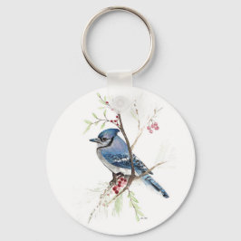 Blue Jay Bird Waterverf Art Sleutelhanger