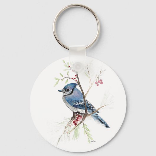 Blue Jay Bird Waterverf Art Sleutelhanger (Voorkant)