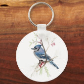 Blue Jay Bird Waterverf Art Sleutelhanger (Voorkant)