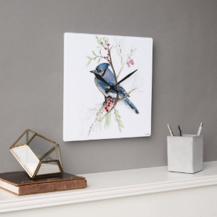 Blue Jay Bird Waterverf Art Square Wall klok