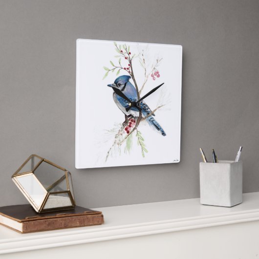 Blue Jay Bird Waterverf Art Square Wall klok (Kantoor)