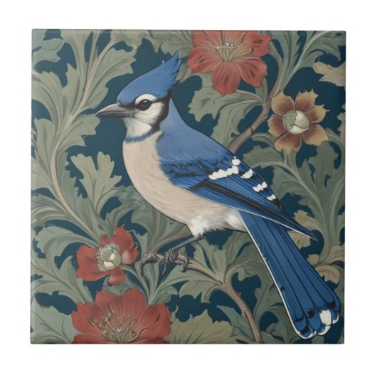 Blue jay Bird William Morris stijl Left BlueJay Tegeltje (Voorkant)