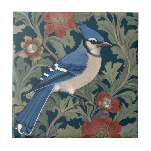 Blue jay Bird William Morris stijl Right BlueJay Tegeltje (Voorkant)