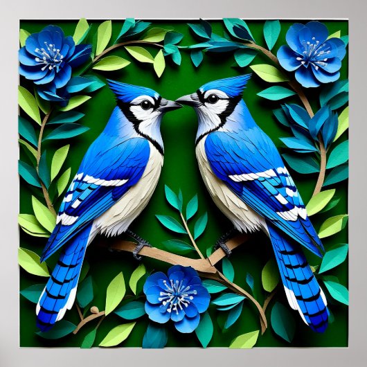 Blue Jay Birds Paper Art Poster (Voorkant)