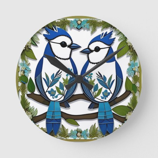 Blue Jay Birds Paper Art Ronde Klok (Voorkant)