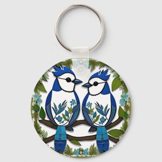 Blue Jay Birds Paper Art Sleutelhanger (Achterkant)