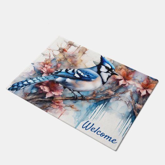 Blue Jay Cherry Blossoms waterverf Deurmat (Schuin)