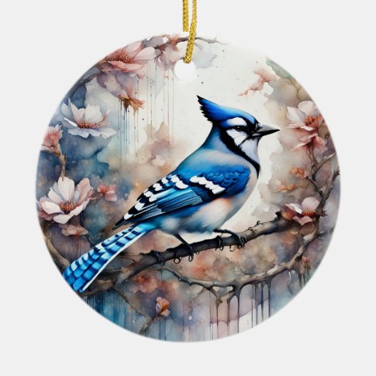 Blue Jay Cherry Blossoms waterverf Keramisch Ornament (Voorkant)