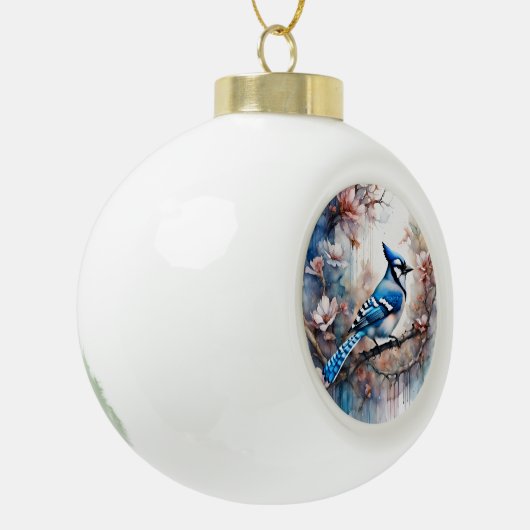 Blue Jay Cherry Blossoms waterverf Keramische Bal Ornament (Links)