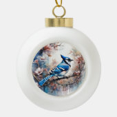 Blue Jay Cherry Blossoms waterverf Keramische Bal Ornament (Voorkant)
