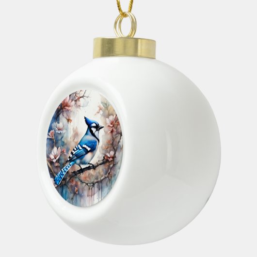 Blue Jay Cherry Blossoms waterverf Keramische Bal Ornament (Rechts)