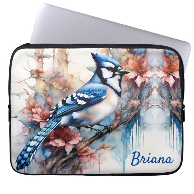 Blue Jay Cherry Blossoms waterverf Laptop Sleeve (Voorkant)