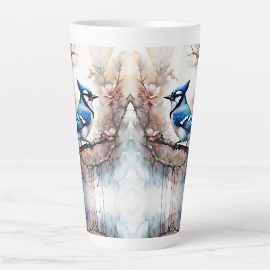 Blue Jay Cherry Blossoms waterverf Latte Mok (Voorkant)