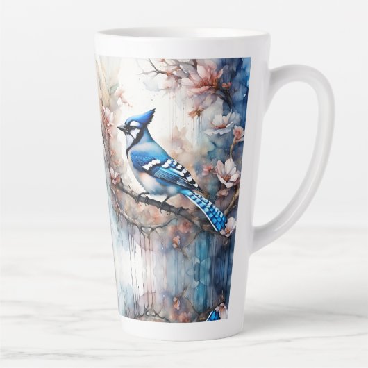 Blue Jay Cherry Blossoms waterverf Latte Mok (Rechts)