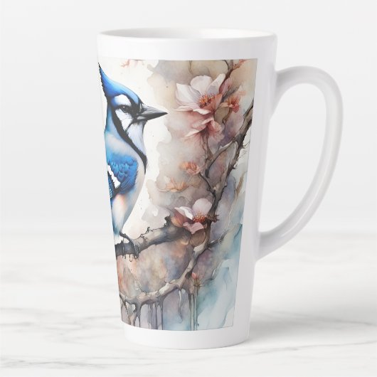 Blue Jay Cherry Blossoms waterverf Latte Mok (Rechts)