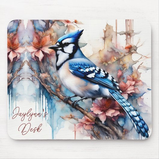 Blue Jay Cherry Blossoms waterverf *Personaliseer* Muismat (Voorkant)