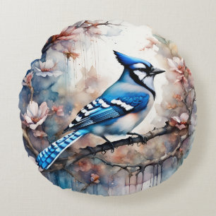 Blue Jay Cherry Blossoms waterverf Rond Kussen