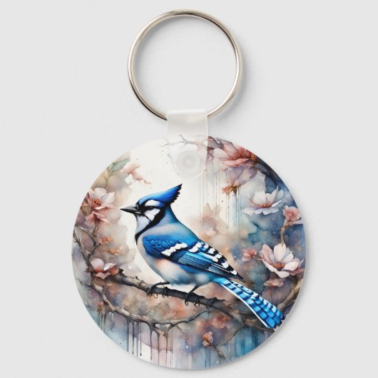 Blue Jay Cherry Blossoms waterverf Sleutelhanger (Achterkant)