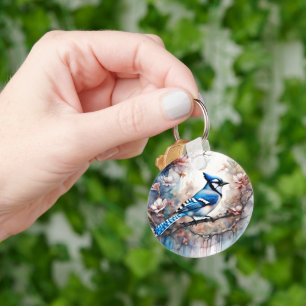 Blue Jay Cherry Blossoms waterverf Sleutelhanger