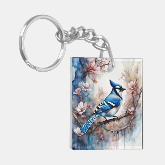 Blue Jay Cherry Blossoms waterverf Sleutelhanger (Voorkant Links)