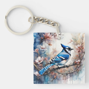 Blue Jay Cherry Blossoms waterverf Sleutelhanger