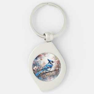 Blue Jay Cherry Blossoms waterverf Sleutelhanger
