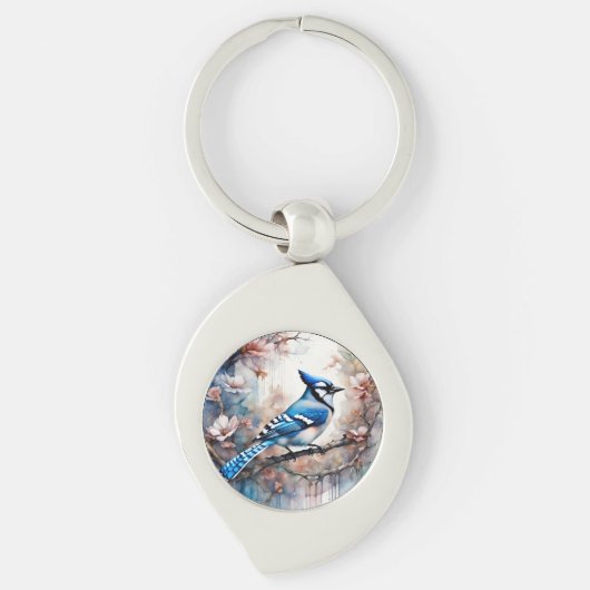 Blue Jay Cherry Blossoms waterverf Sleutelhanger (Voorkant)
