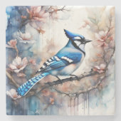 Blue Jay Cherry Blossoms waterverf Stenen Onderzetter (Voorkant)