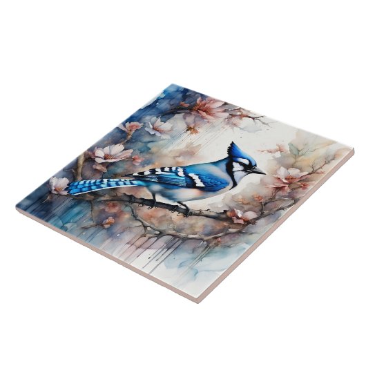 Blue Jay Cherry Blossoms waterverf Tegeltje (Zijkant)