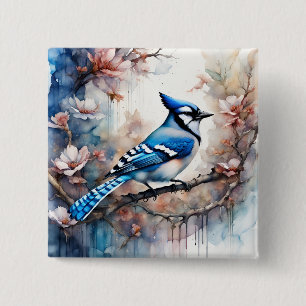 Blue Jay Cherry Blossoms waterverf Vierkante Button 5,1 Cm