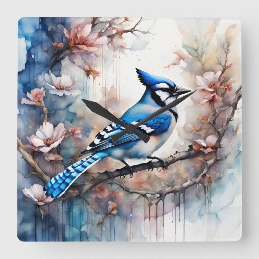 Blue Jay Cherry Blossoms waterverf Vierkante Klok (Voorkant)