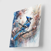 Blue Jay Cherry Blossoms waterverf Vierkante Klok (Hoek)
