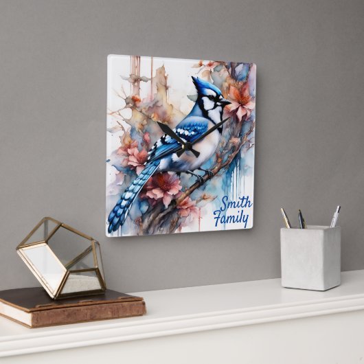 Blue Jay Cherry Blossoms waterverf Vierkante Klok (Kantoor)