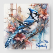 Blue Jay Cherry Blossoms waterverf Vierkante Klok (Voorkant)