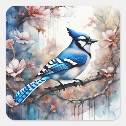Blue Jay Cherry Blossoms waterverf Vierkante Sticker (Voorkant)