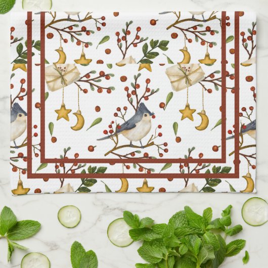 Blue Jay, Cookies, Red Berries, Cadeaus, Winter Theedoek (Gevouwen)