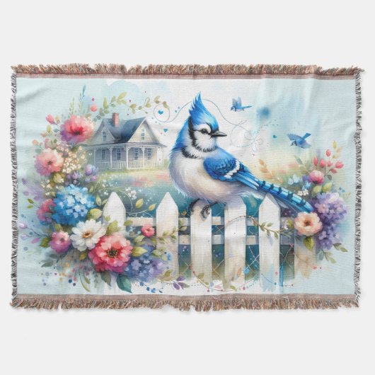 Blue Jay Cottage Garden Fence Scene Deken (Voorkant)