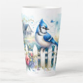 Blue Jay Cottage Garden Fence Scene Latte Mok (Voorkant)