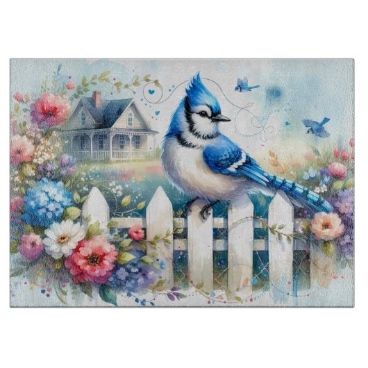 Blue Jay Cottage Garden Fence Scene Snijplank (Voorkant)