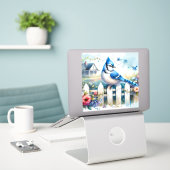 Blue Jay Cottage Garden Fence Scene Sticker (Laptop op bureau)