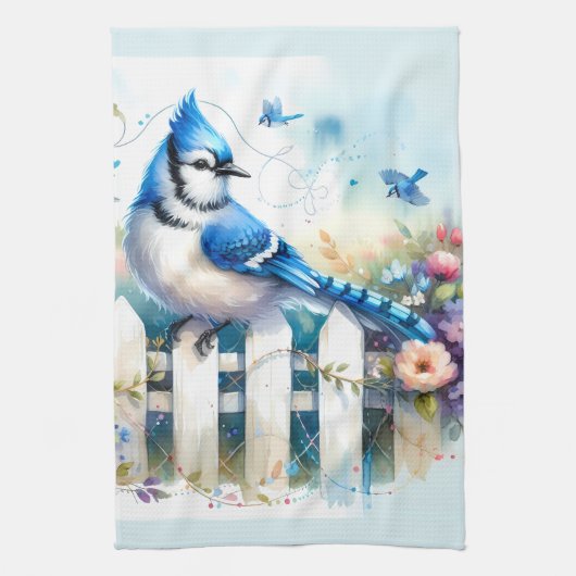 Blue Jay Cottage Garden Fence Scene Theedoek (Verticaal)