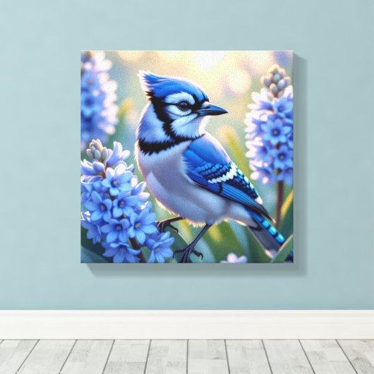 Blue Jay en Lilacs Canvas Afdruk (Insitu (Houten vloer))
