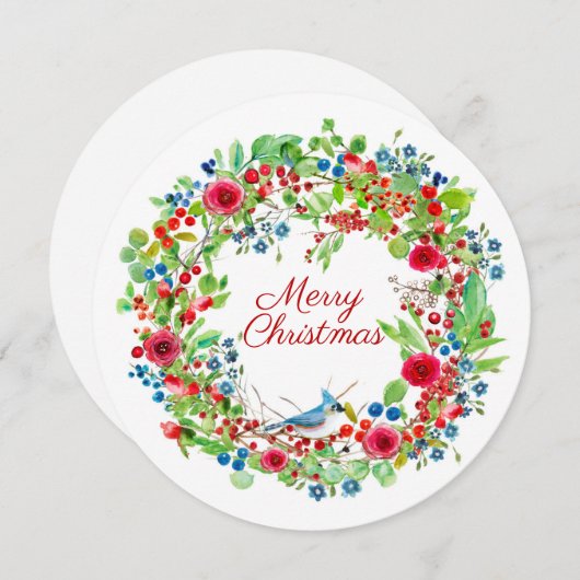 Blue Jay en Rozen Waterverf Merry Kerstmis Feestdagenkaart (Voorkant / Achterkant)