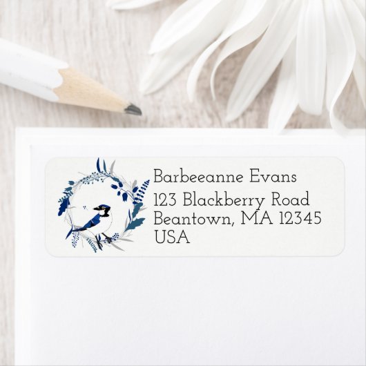 Blue Jay en Wreath Personalize Etiket (Insitu)
