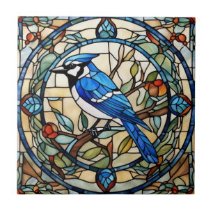 Blue Jay Faux Glas in lood Bluejay Bird Tegeltje